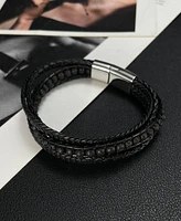 Rhona Sutton Black Multi Leather Beaded Stainless Steel Bracelet