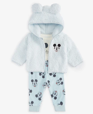 Disney Baby Boys Mickey Mouse Fleece Jacket, Bodysuit & Pants Set