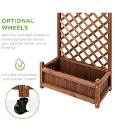 Best Choice Products Set of 2 48in Wood Planter Box & Diamond Lattice Trellis, w/ Drainage, Optional Wheels - Walnut