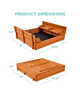 Best Choice Products 47x47-Inch Kids Wooden Outdoor Sandbox w/ 2 Foldable Bench Seats, Sand Protection, Liner