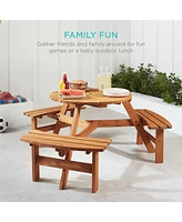 Best Choice Products 6-Person Circular Outdoor Wooden Picnic Table w/ 3 Built-In Benches, Umbrella Hole