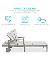 Best Choice Products 79x26in Acacia Wood Outdoor Chaise Lounge Chair w/ Adjustable Backrest, Table, Wheels