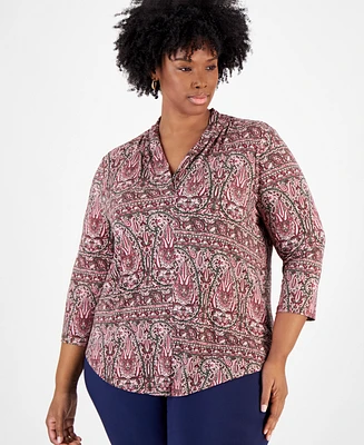 Jm Collection Plus Paisley-Print 3/4-Sleeve V-Neck Top, Exclusively at Macy's