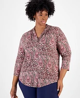 Jm Collection Plus Paisley-Print 3/4-Sleeve V-Neck Top, Exclusively at Macy's
