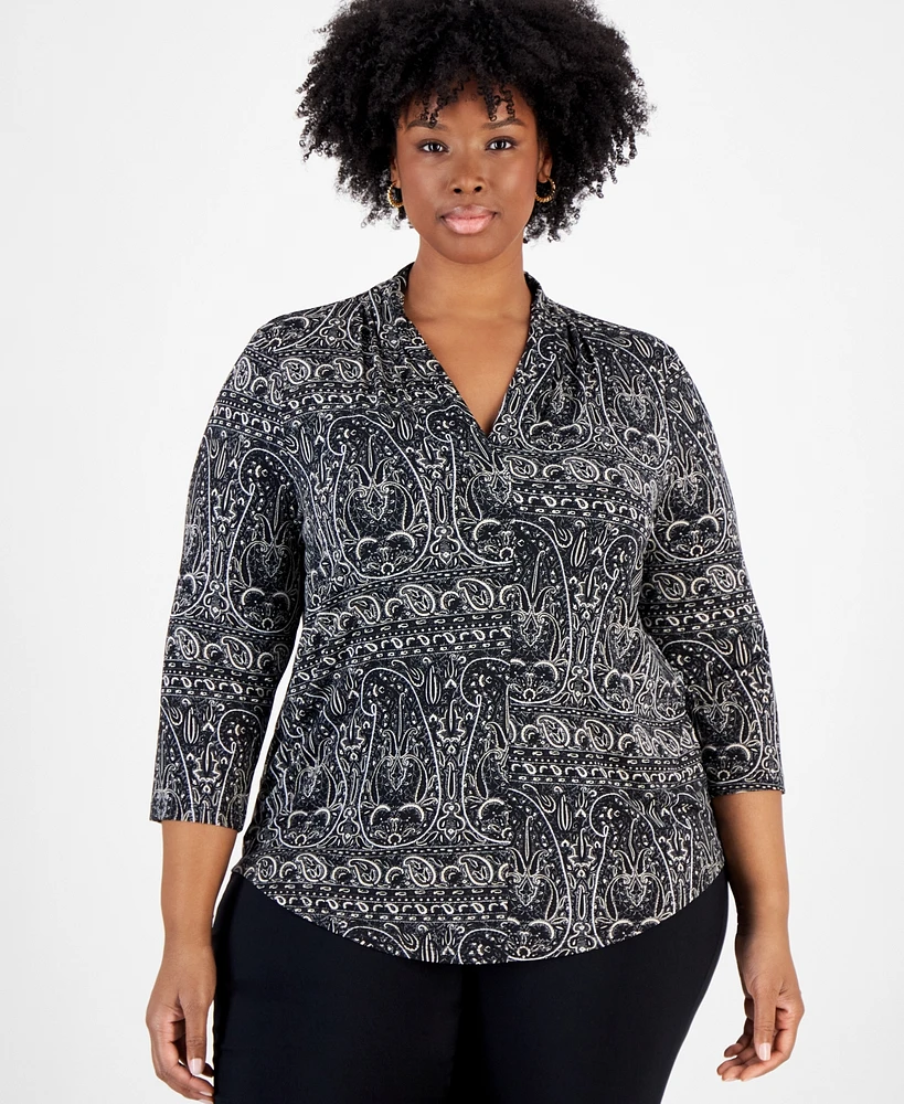 Jm Collection Plus Size Paisley-Print 3/4-Sleeve V-Neck Top, Exclusively at Macy's