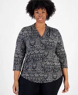 Jm Collection Plus Size Paisley-Print 3/4-Sleeve V-Neck Top, Exclusively at Macy's