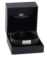 Rhona Sutton Gunmetal Chain with Black Leather Weaved Stainless Steel Bracelet