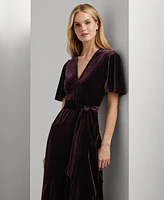 Lauren Ralph Women's Belted Velvet Flutter-Sleeve Dress