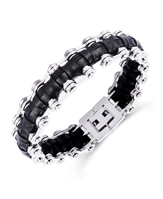 Rhona Sutton Silver Leather Bicycle Chain Stainless Steel Bracelet