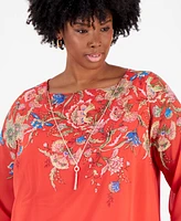 Jm Collection Plus Tassel-Necklace Floral-Print Top, Created for Macy's