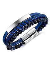 Rhona Sutton Blue Beaded Plated Leather Stainless Steel Bracelet