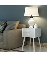Gymax Wooden Nightstand Mid-Century End Side Table Bedroom W/2 Storage Drawers White