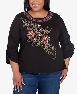 Alfred Dunner Plus Size Harvest Moon Floral Embroidered Detail Crew Neck Drawstring Sleeve Top