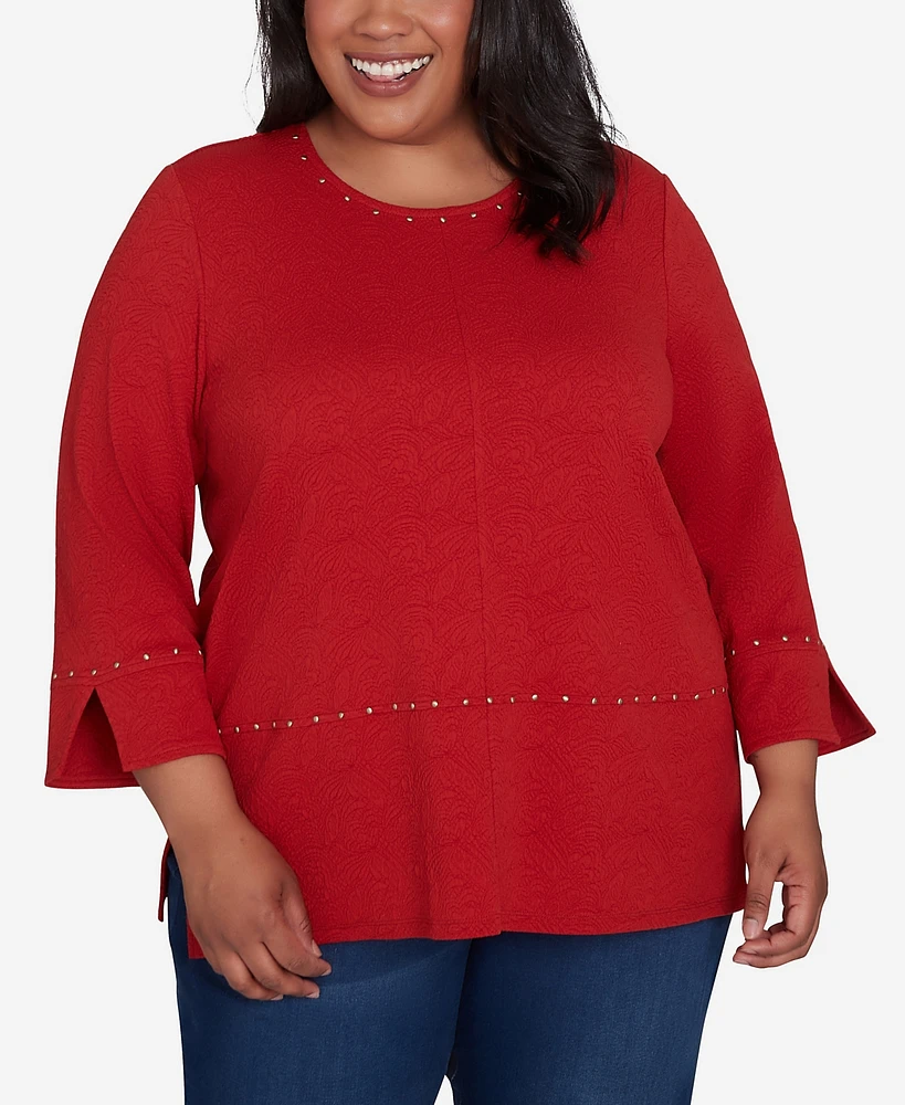 Alfred Dunner Plus Size Harvest Moon Spliced Solid Textured Crew Neck Top