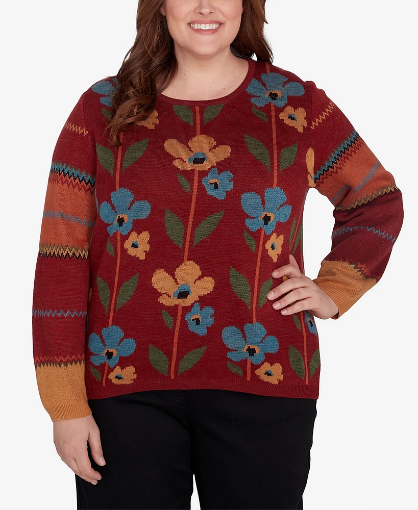 Alfred Dunner Plus Harvest Moon Vertical Floral Crew Neck Sweater