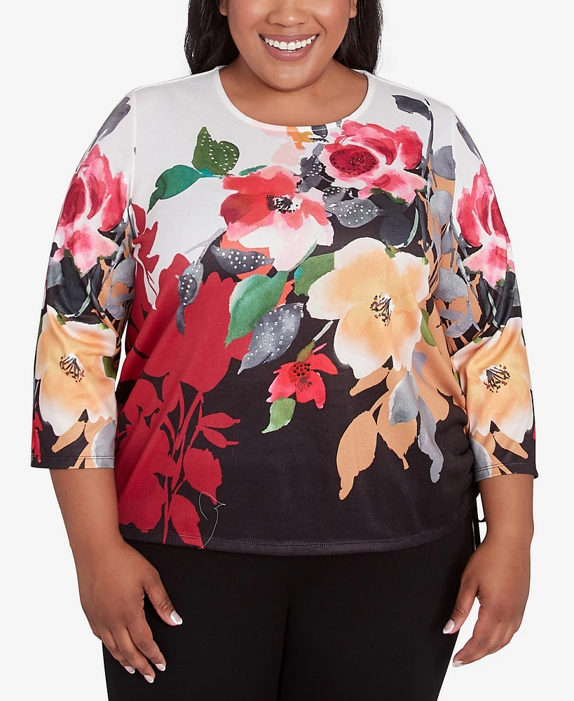 Alfred Dunner Plus Runway Ready Floral Crew Neck Top with Drawstring Hem