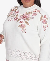 Alfred Dunner Plus Telluride Floral Embroidered White Chenille Sweater