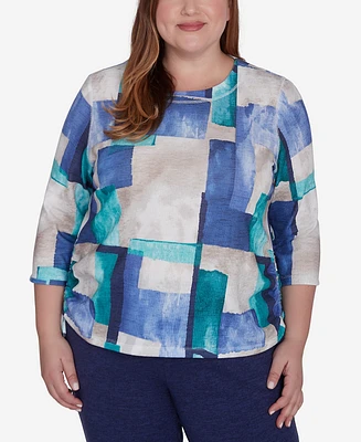 Alfred Dunner Plus French Quarter Blue Tone Box Print Ruched Top