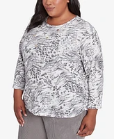 Alfred Dunner Plus Copenhagen Monotone Gray Animal Print Top