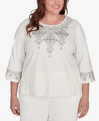 Alfred Dunner Plus Copenhagen Medallion Collar Embroidery Solid Top