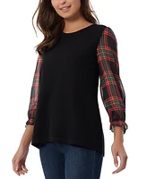 Jones New York Women's Plaid-Sleeve Crewneck Top