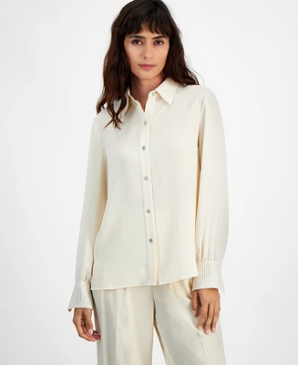 Bar Iii Women's Rhinestone-Cuff Button-Front Shirt, Created for Macy's