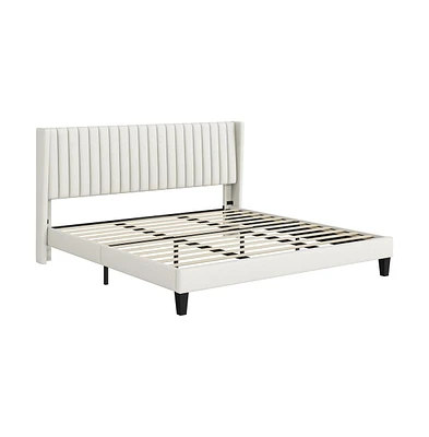 Yaheetech King Upholstered Bed Frame with Wing Side, Platform Bed Frame with Channel Headboard, Mattress Foundation with Wood Slat Support, Beige