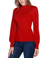 Belldini Women's Black Label Pointelle and Rhinestone Detail Sweater