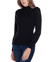 Belldini Women's Black Label Pointelle and Rhinestone Detail Sweater