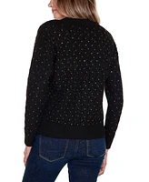 Belldini Women's Black Label Embellished Cabled V-Neck Sweater