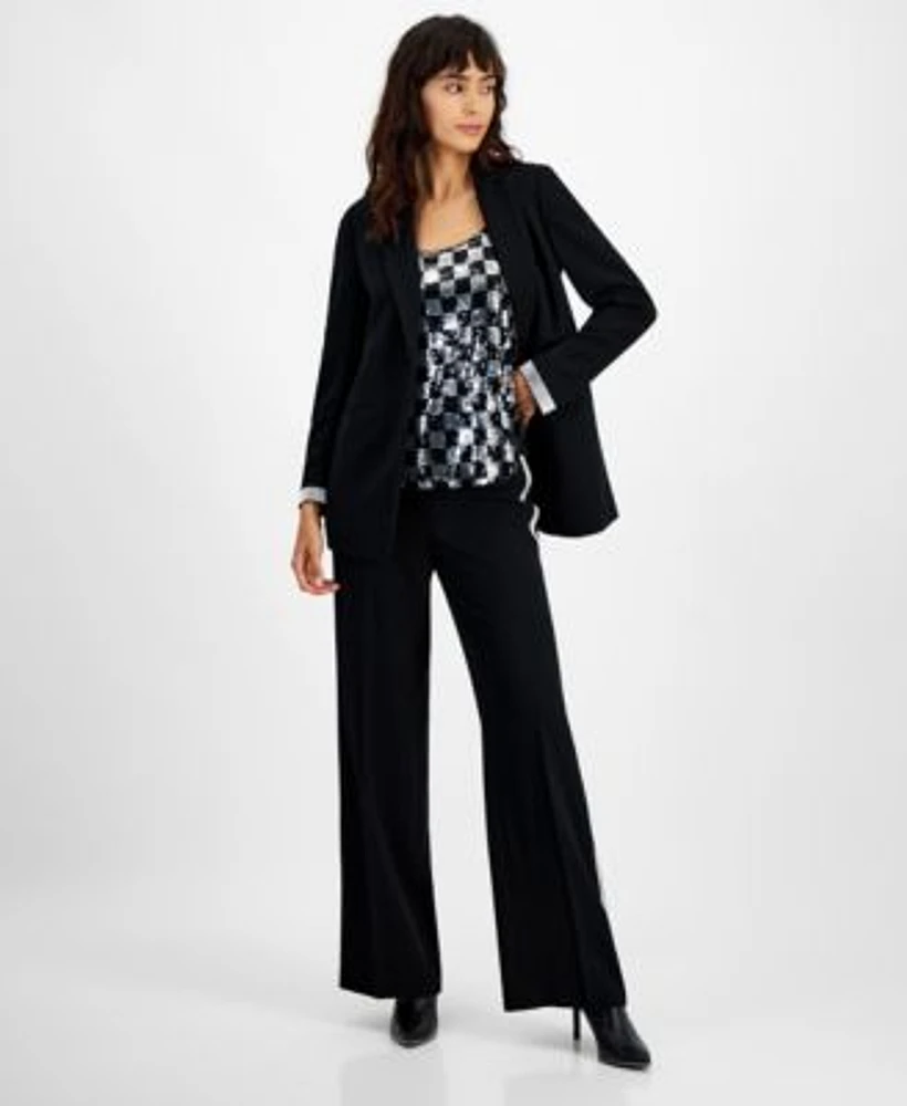 Bar Iii Womens Rhinestone Cuff Open Front Blazer Checkerboard Sequin Sleeveless Top High Rise Rhinestone Trim Pants Created For Macys