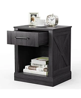 Gymax Nightstand with Drawer and Shelf Rustic Wooden Bedside Table Bedroom Brown