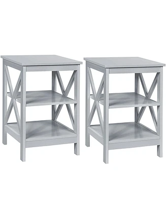 Gymax 2PCS 3-Tier Nightstand End Table X Design Storage Display Shelf Living Room Grey