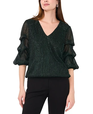 Msk Women's Metallic Mesh Lantern-Sleeve V-Neck Top