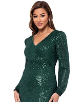 Xscape Petite Sequined V-Neck Long-Sleeve Side-Slit Gown