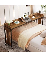 Tribesigns Overbed Table with Wheels, 71" Queen Size Bed Table with Adjustable Tilt Board, Mobile Laptop Cart with Outlets & Usb Ports