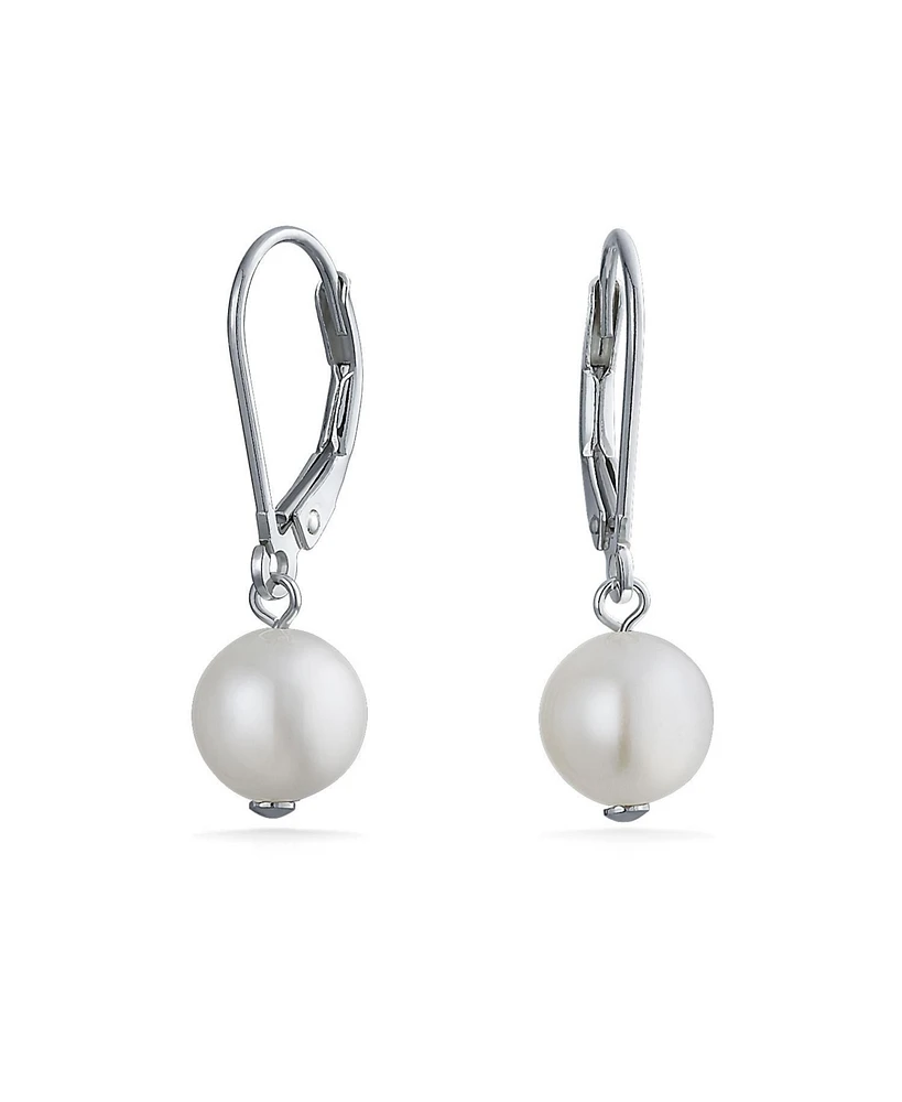 Bling Jewelry Classic White Round Freshwater Cultured Pearl Drop Dangle Bead Ball Earrings For Women .925 Sterling Silver Secure Lever back