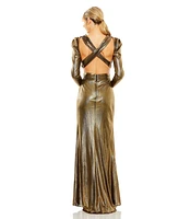 Mac Duggal Women's Princess Sleeve Cut Out Metallic Gown