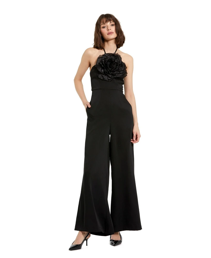 Mac Duggal Women's Crepe Halter Neck Flower Detail Jumpsuit