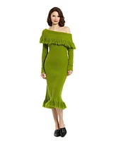 Mac Duggal Women's Off The Shoulder Fringe Long Sleeve Knit Dress