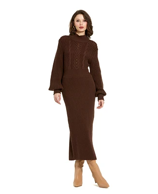 Mac Duggal Women's Long Sleeve Turtle Neck Knit Midi Dress