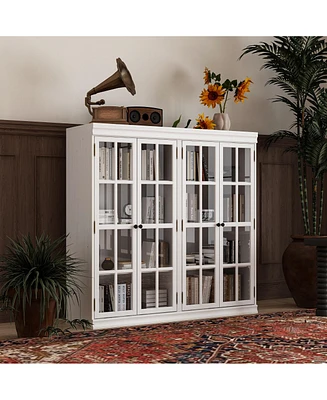 Famapy Black Wood Bookcase Storage Cabinet With Tempered Glass Doors