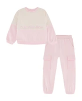 Calvin Klein Little Girl Fleece Color Block Crew Neck Cargo Joggers, 2-Piece Set