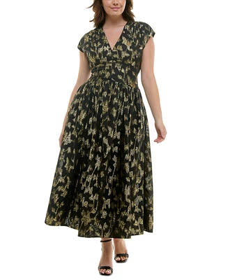 Taylor Plus Size Printed V-Neck Cap-Sleeve Dress