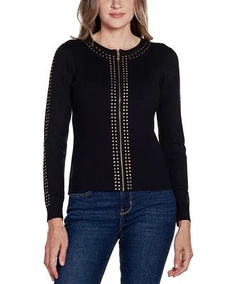 Belldini Women's Black Label Crewneck Embellished Zip Cardigan Sweater