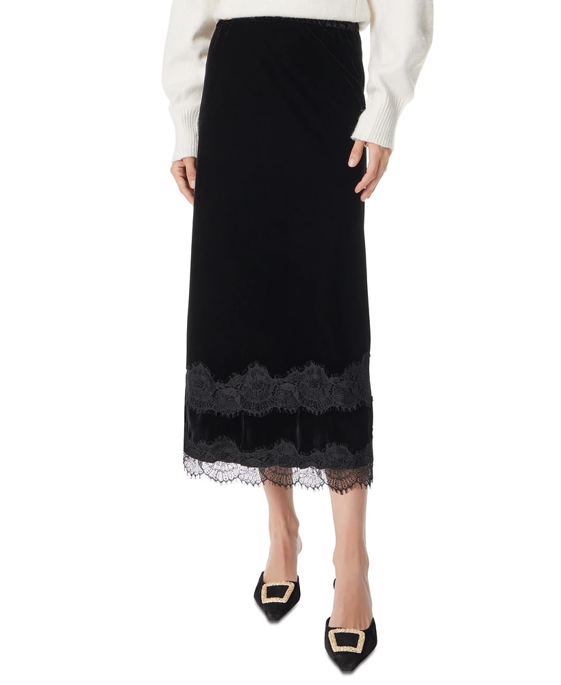 Sam Edelman Women's Gracie Lace-Trim Midi Velvet Skirt