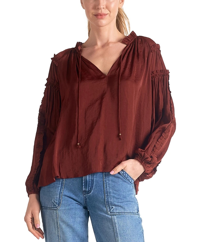 Elan Women's Tie-Neck Ruffled-Trim Long-Sleeve Top