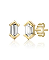 Genevive Sterling Silver Mini Cubic Zirconia Baguette Geometric Stud Earrings White Gold Plated or 14k