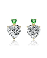 Genevive Sterling Silver 14K Gold Plated with Green, Red, or Blue Cubic Zirconia Two-Stone Heart Stud Earrings