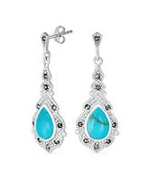 Bling Jewelry Western Style Marcasite Accent Teardrop Stabilized Blue Turquoise Dangle Chandelier Earrings For Women .925 Sterling Silver